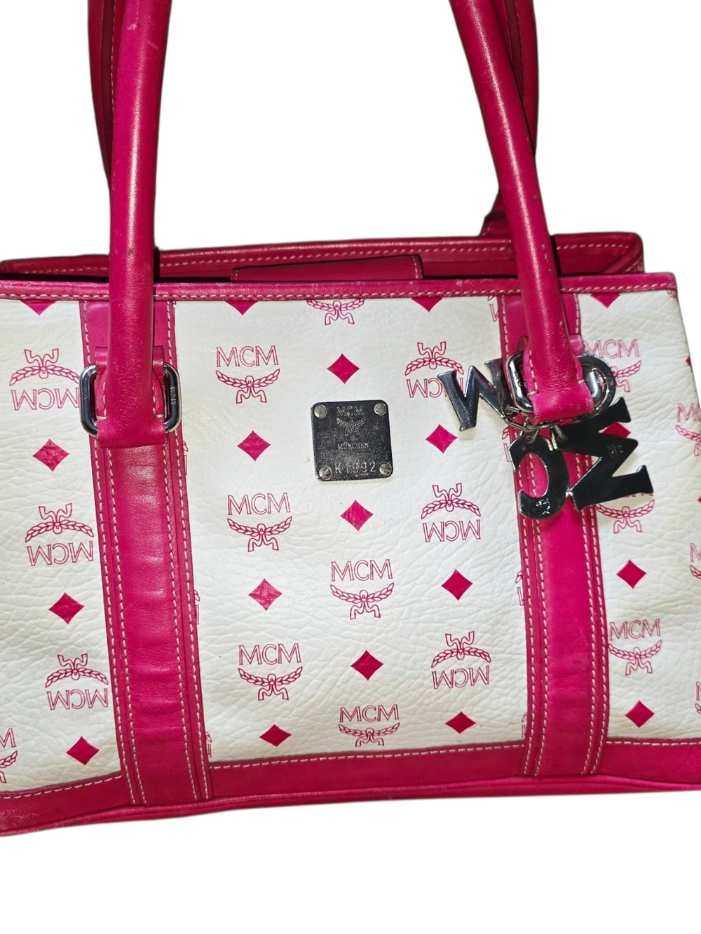 MCM Beige & Pink Visetos Tote w/ Matching Wristlet & MCM Charm & silver Hardware - Picture 14 of 16